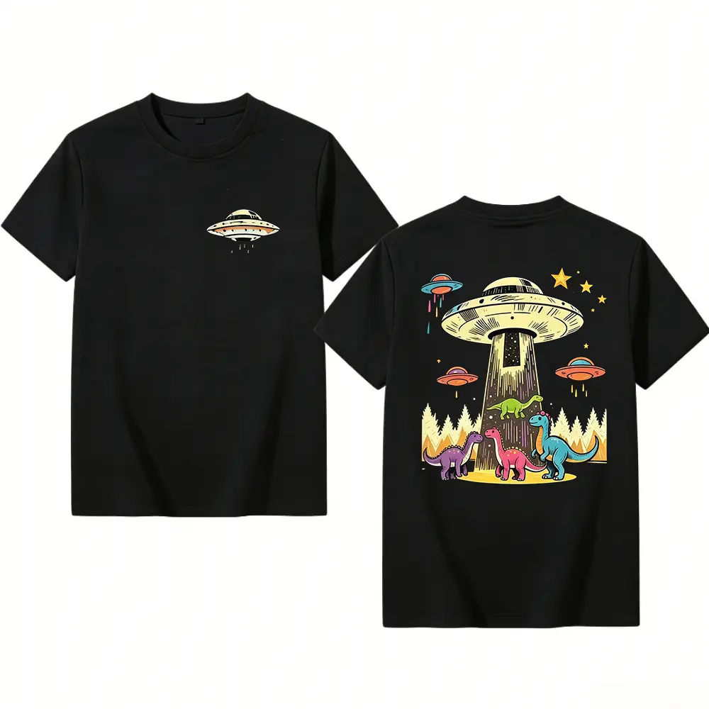 Men's Oversized Vintage Nostalgic Sci-Fi Tshirt - Crew Neck Short Sleeve,Pure Cotton Fabric, UFO & Dinosaur Graphics, for Daily Casual & Summer Adventures (Menswear)