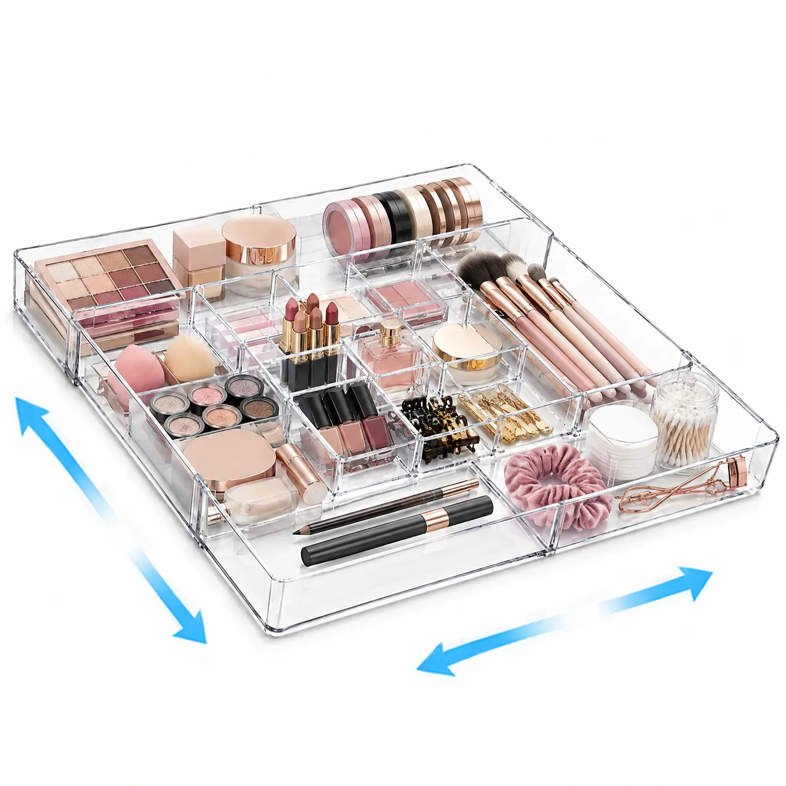 Transparent Expandable Acrylic Drawer Organizer - Premium Desk Organizer with 6 Adjustable Compartments, Multi-Purpose Storage Tray for Office Supplies, Kitchen Utensils,home decor