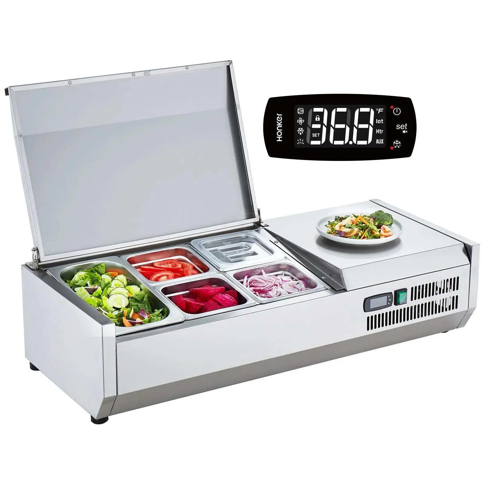 【Backtoschool】VEVOR Refrigerated Condiment Prep Station,  130 W Countertop Refrigerated Condiment Station, with 1 1/3 Pan & 4 1/6 Pans, 304 Stainless Body and PC Lid, Sandwich Prep Table with Stainless Guard, ETL