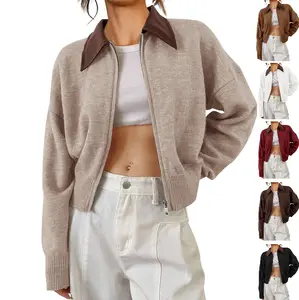 Lannew Womens Zip Up Cardigan Sweaters Cropped Faux Leather Collared Open Front Long Sleeve Fall Sweater Jacket