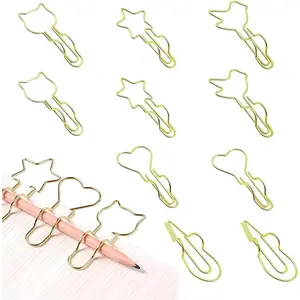 Metal Pen Clip 10 Pack Paper Clip Pen Holder for Notebook, Golden Cute Heart   Shapes, for Office,School Supplies
