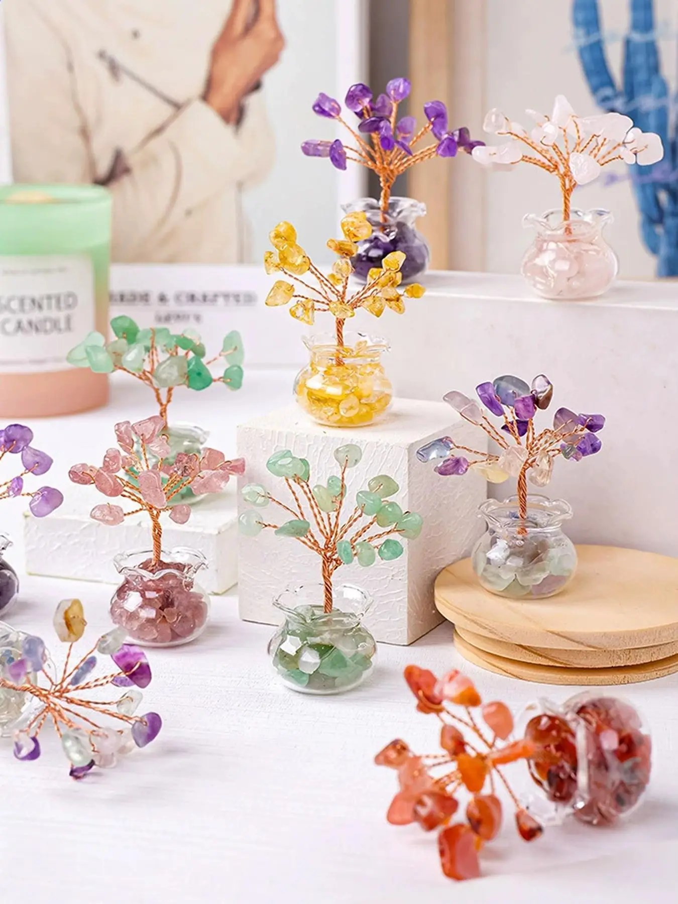 Natural Crystal Flower Tree Design Decoration, Handmade Mini Crystal Tree Ornament, Desktop Decoration for Home Office, Home Decor Ideas