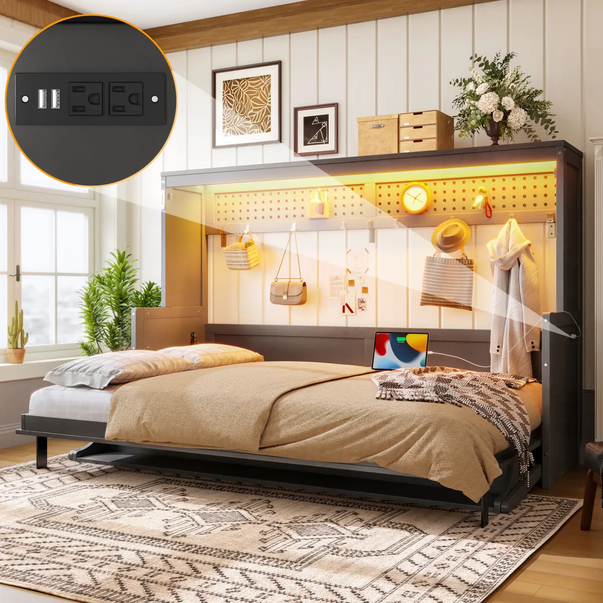 Aobtkel Queen/Full Fold-Up Murphy Bed with Built-In Desk, USB Charge Station, LED Lights, Storage, 650lbs Cap. – Space-Saving Multifunctional Apartment Furniture for Home Office, Small Spaces, Modern Home Decor