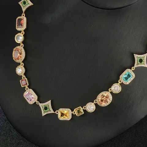 Hip-Hop Colorful Geometric Rhinestone Necklace, Fashion Unisex Street Style Jewelry for Music Festivals & Parties, High End, Fashion Jewelry Accessories, Fashion Cool Accessories
