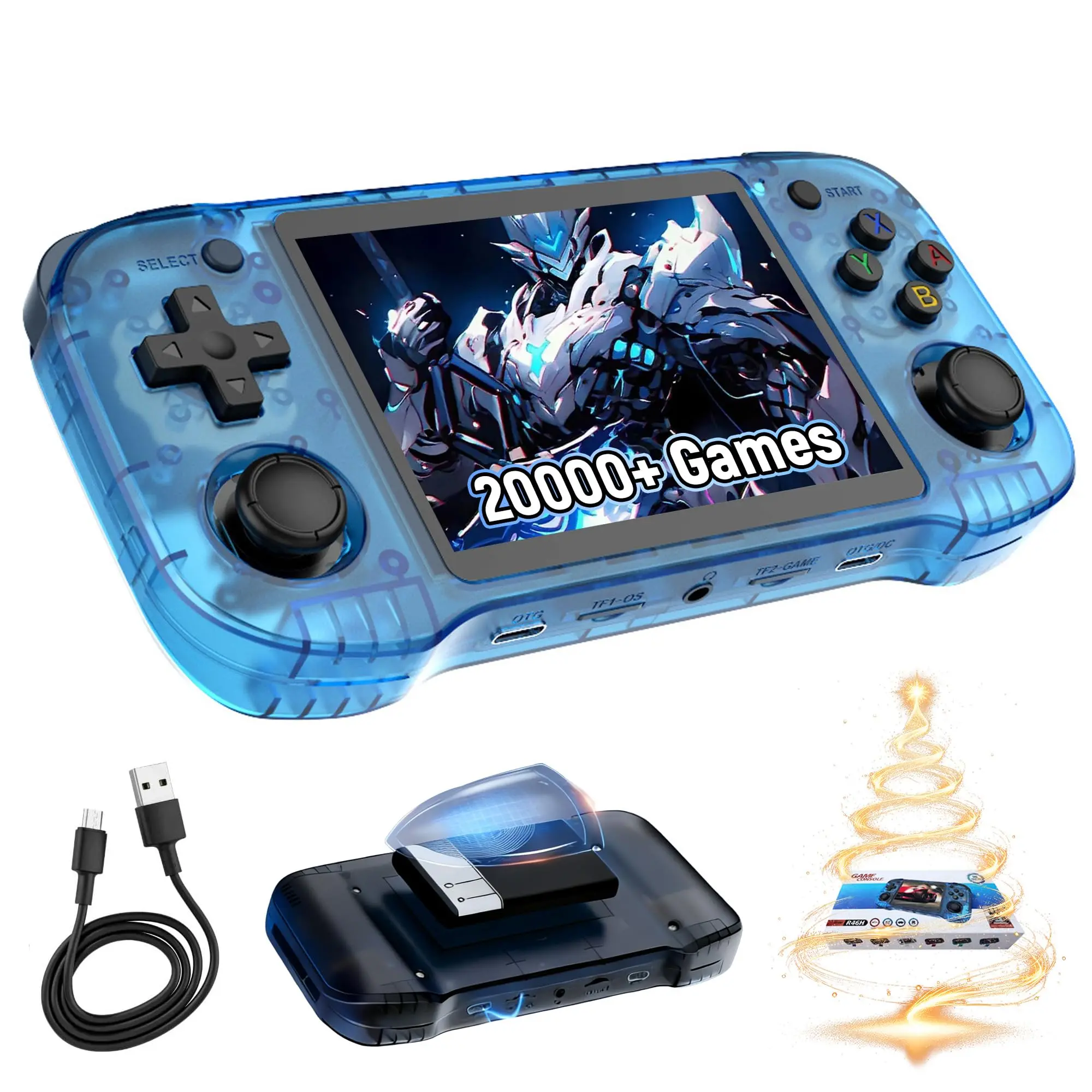 R46H Retro Handheld Game Console with External Battery Compartment, Compatible with 20000+ Game Compatible with 26 Emulator Retro Gaming Console,ARKOS Linux System Emulator Handheld,3000mAh,Dual 8W Speakers (Transparent Blue-128G)