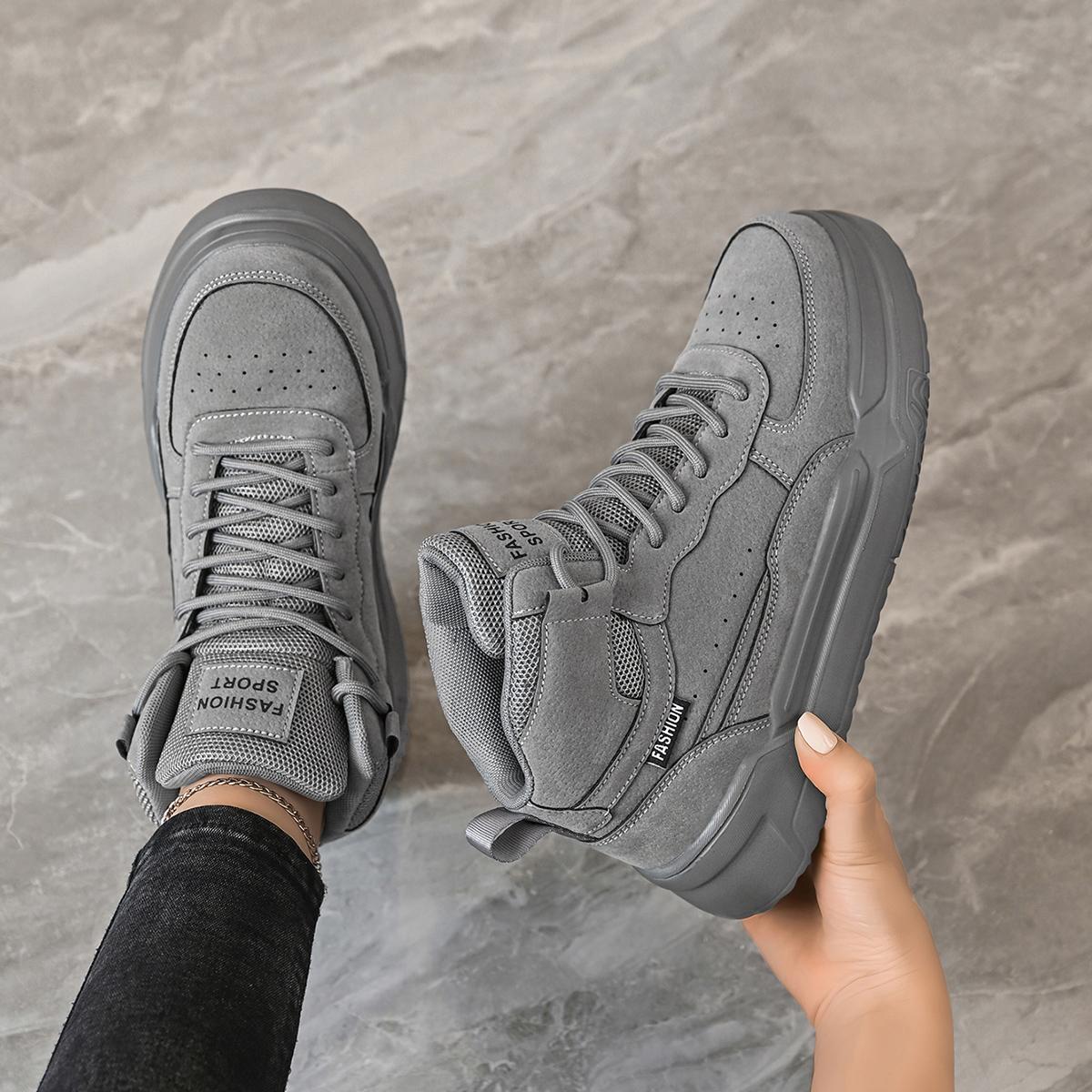 Women’s high-top sneakers, gray suede-texture platform shoes, casual platform shoes, fashionable workwear boots, height-boosting shoes, breathable and comfortable women’s shoes, street style, versatile everyday shoes