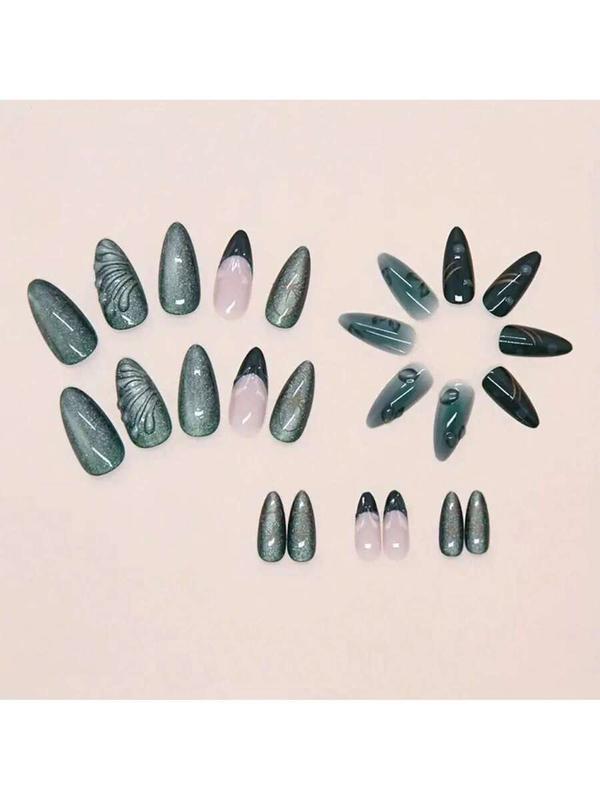 [Chic Cat-Eye Nails] Glossy Green Marble French Cat-Eye Press-On Nails| Medium Almond Shape, Removable Fake Nails With Teal & White Vein Design For A Chic, Cold Look
