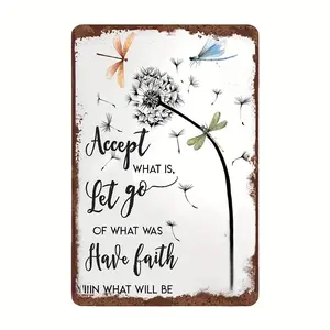 Vintage Dandelion and Dragonfly Metal Tin Wall Decor with Inspirational Quote, Suitable for Kitchen or Garage Rustic Home Decoration