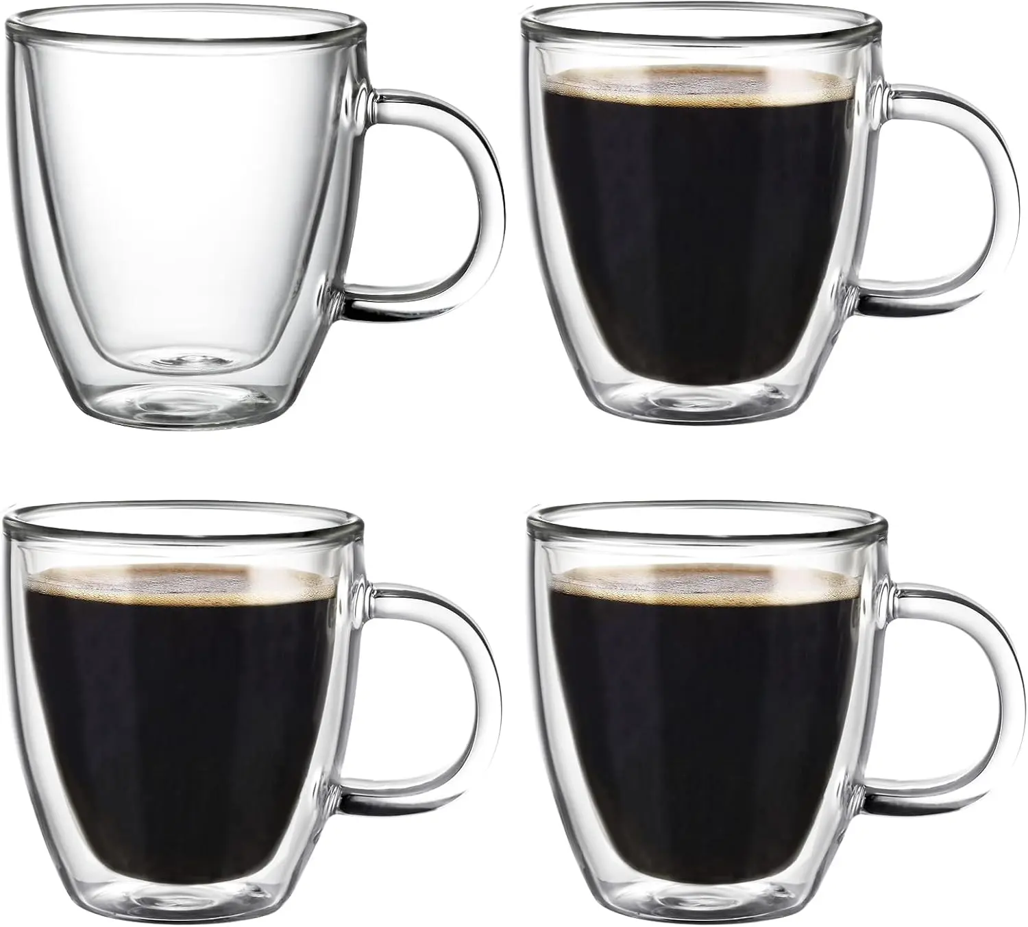 4-Pack 5.5oz Double Wall Clear Glass Coffee Mugs, Insulated Heat Proof Cups with Smooth Lines for Tea