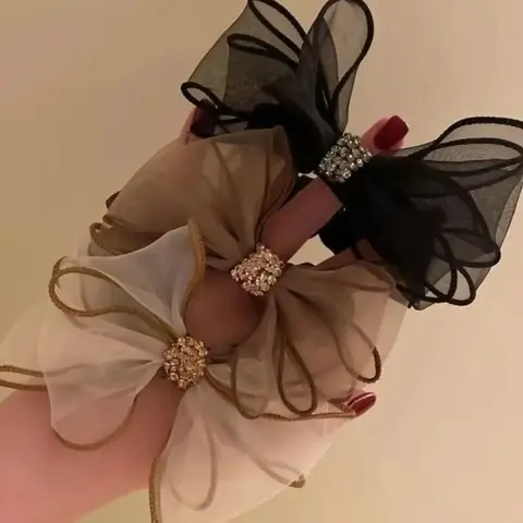 Minimalist Temperament Pretty Bow Design Scrunchies, 3pcs Set Of Three Rhinestone Decorated Rhinestone Accents Bow Design Mesh Fabric Hair Tie Medium Stretch, Elegant Fashionable Hair Accessories Fashion Hair Accessories for Women & Girls