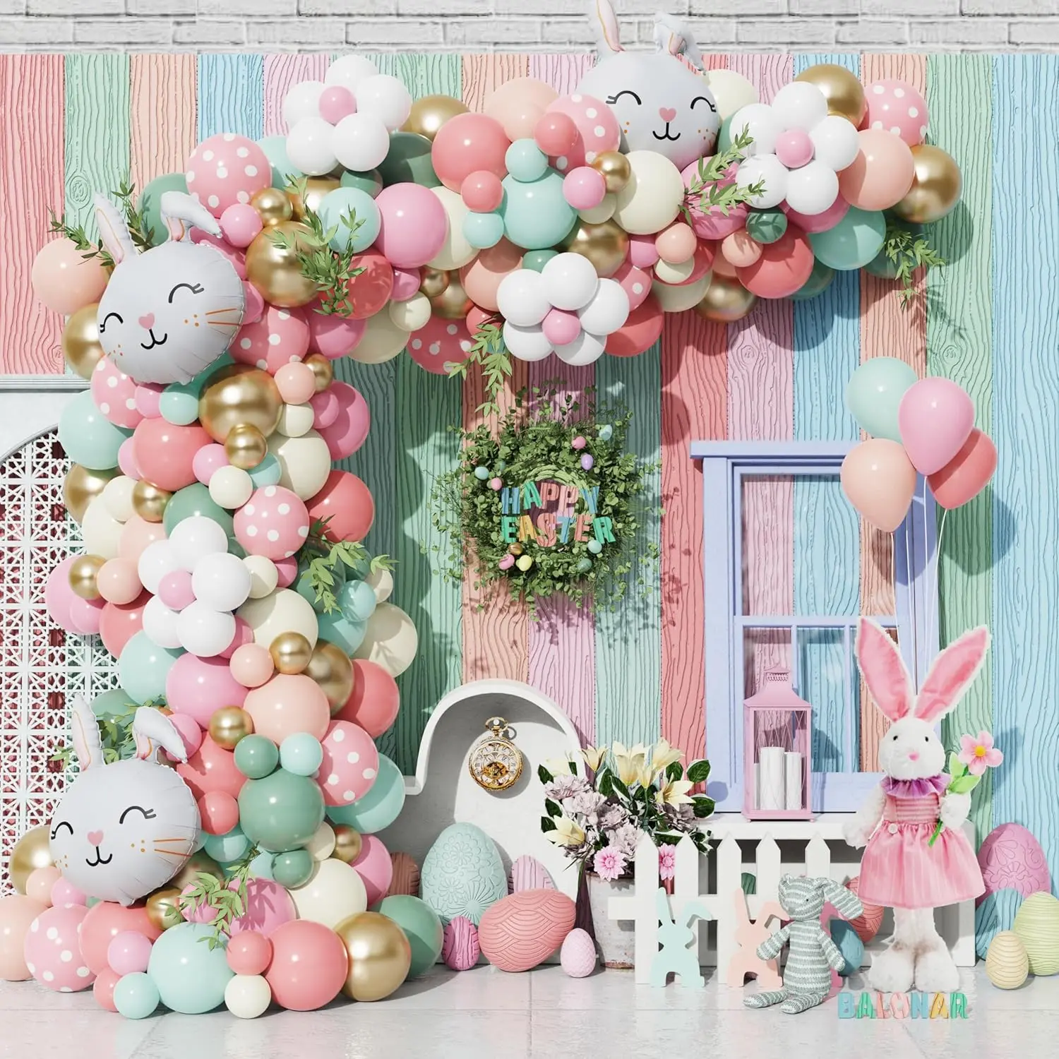 Easter Balloon Garland Pastel Balloons Arch With 145Pcs Dusty Sage Pink Green Latex Balloon Large Bunny Foil Balloon For Spring Flower Easter Party Supplies Baby Shower Decoration (Pink)