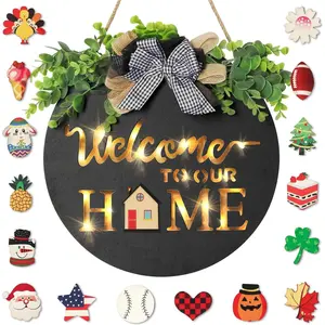 Welcome Sign, suitable for front doors, walls, or porch decoration - Features interchangeable seasonal themes with 17 interchangeable icons covering all four seasons and holidays (Spring, Summer, Fall, Winter, Easter, Christmas) - Black version