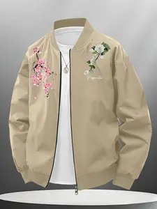 Fashion Trendy Men's Cherry Blossom and White Floral Printed Baseball Jacket for Daily Casual and Personalized Outfits