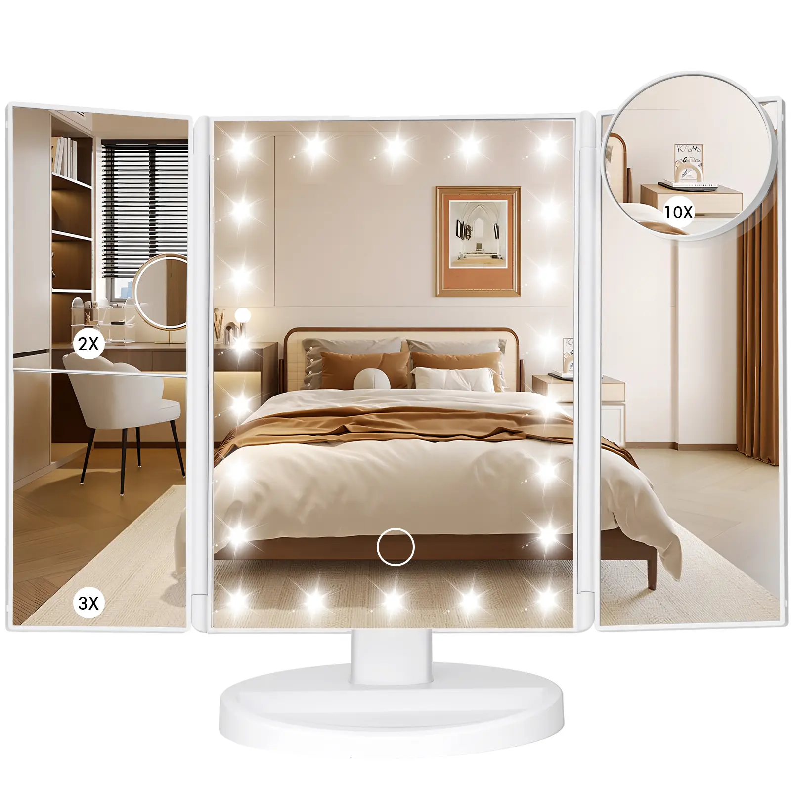 LED Makeup Trifold Vanity Mirror with Mirror Light - Portable, Handheld, Removable, Foldable, Adjustable Bright Light, 1X/2X/3X/10X Magnification, Touch Screen, 2 Power Supply Modes, White Decor, Gifts for Adulting Women, Father's Day Bathroom Table Gift