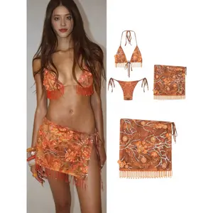 Summer beach vacation style bikini with tassel skirt set