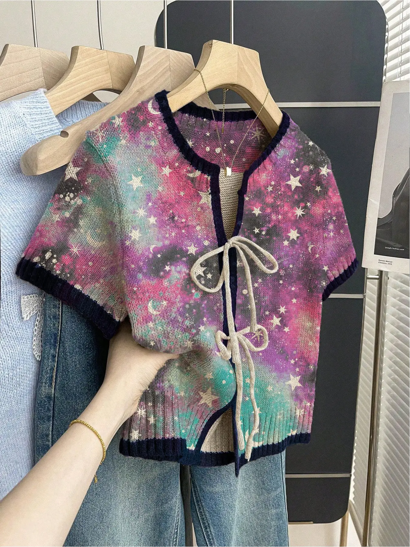 Bohemian casual loose crew neck short-sleeve knit top with tie-dye star print, front tie design, contrast piping, khaki. Women's spring and summer knit top, Knitwear, Womenswear