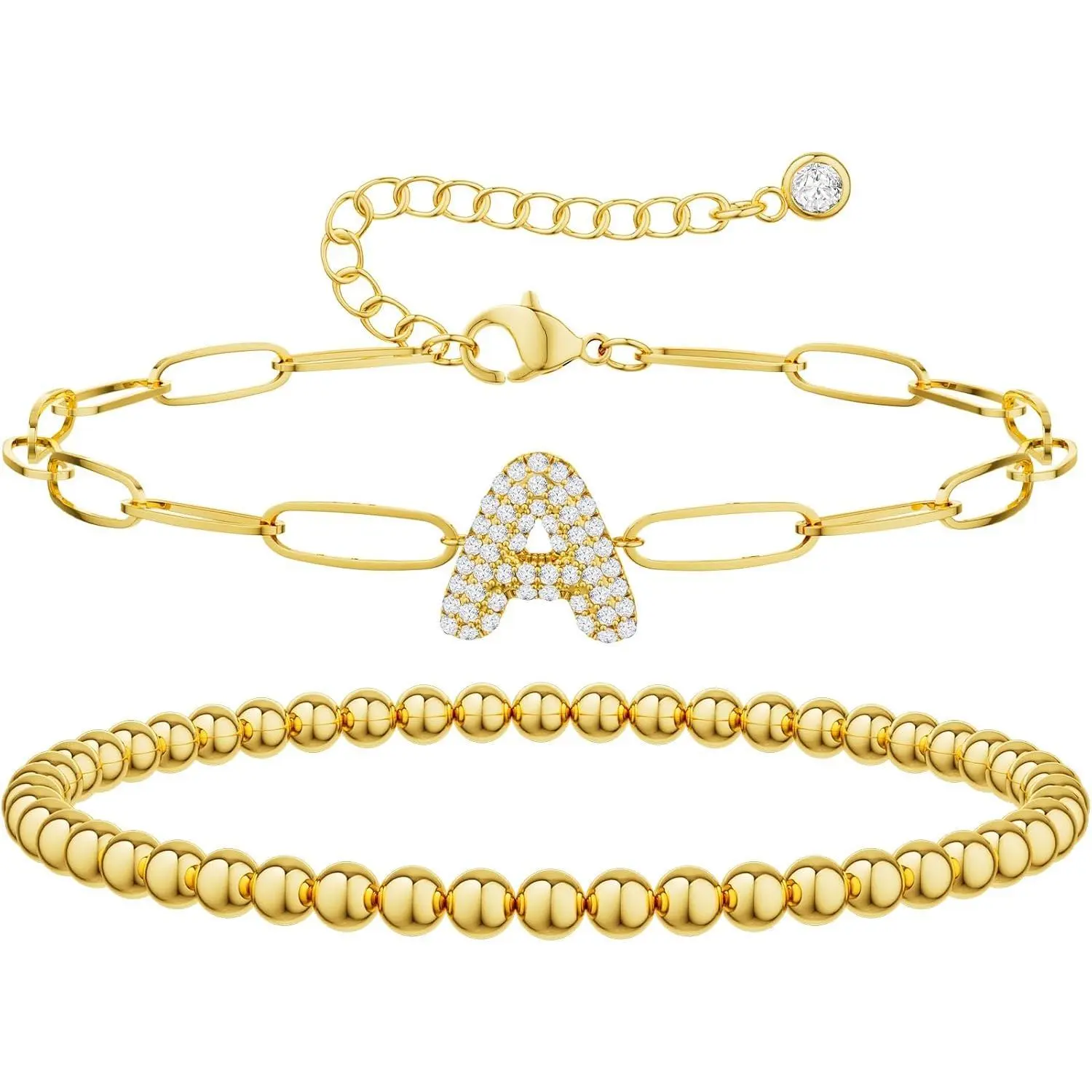 KOPERIN Women's 2pcs Initial CZ Bubble Bracelets - A-Z Beaded Letter, Adjustable Paperclip Chain, Golden Tone, Non-Tarnish Keeps Its Shine, Chain & Bead Layered Look, Daily Wear Jewelry with A-Z Personal Touch, Fashion Gifts