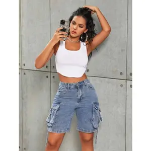Y2K High Waist Wide Leg Denim Cargo Shorts for Women, Flap Pocket and Tape Detail, Summer Streetwear Bermuda Jorts, Casual and Comfy