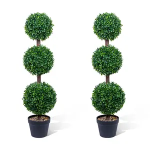 2 Pack 3FT Artificial Triple Ball Boxwood Topiary Trees - Realistic Faux Greenery with Black Planter - Indoor Outdoor Decorative Plant