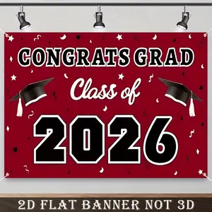 2D Flat Banner, 1pc 2026 Congrats GRAD Wall Hanging Backdrop, Black Red Glitter Background, Class of 2026 Graduation Party Photo Booth Props, Grad Congrats Party Banner, Prom Party Decoration
