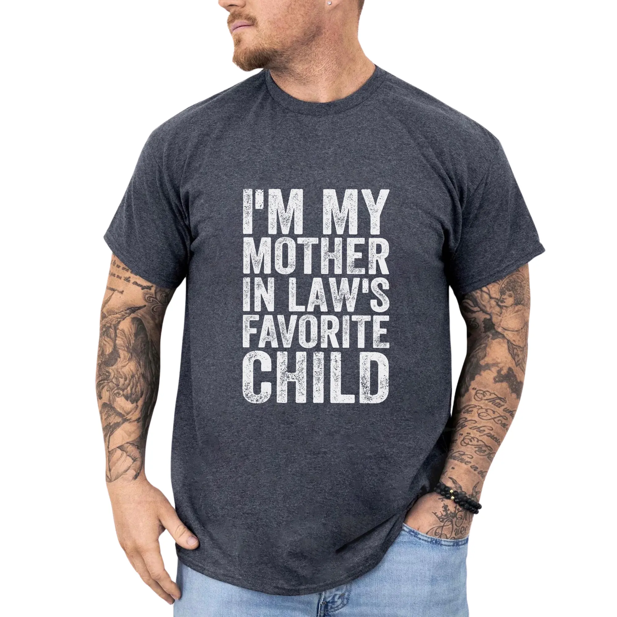 MAPTEES Women's Natural Fabric Ribbed Garment Short-Sleeve Graphic Tee - "I’m My Mother-In-Law’s Favorite Child" Funny Son-In-Law Shirt for Family Gatherings