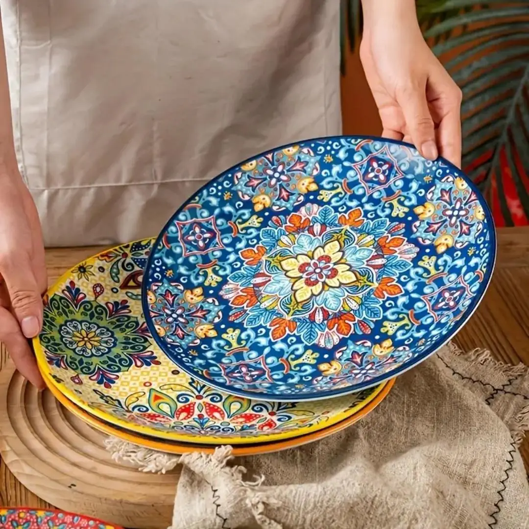 Bohemian Hand-painted Round Ceramic Plate, Colorful Floral Pattern Dinner Plate, Exquisite Serving Plate, Dishwasher Safe Tableware for Home Kitchen Dining Room