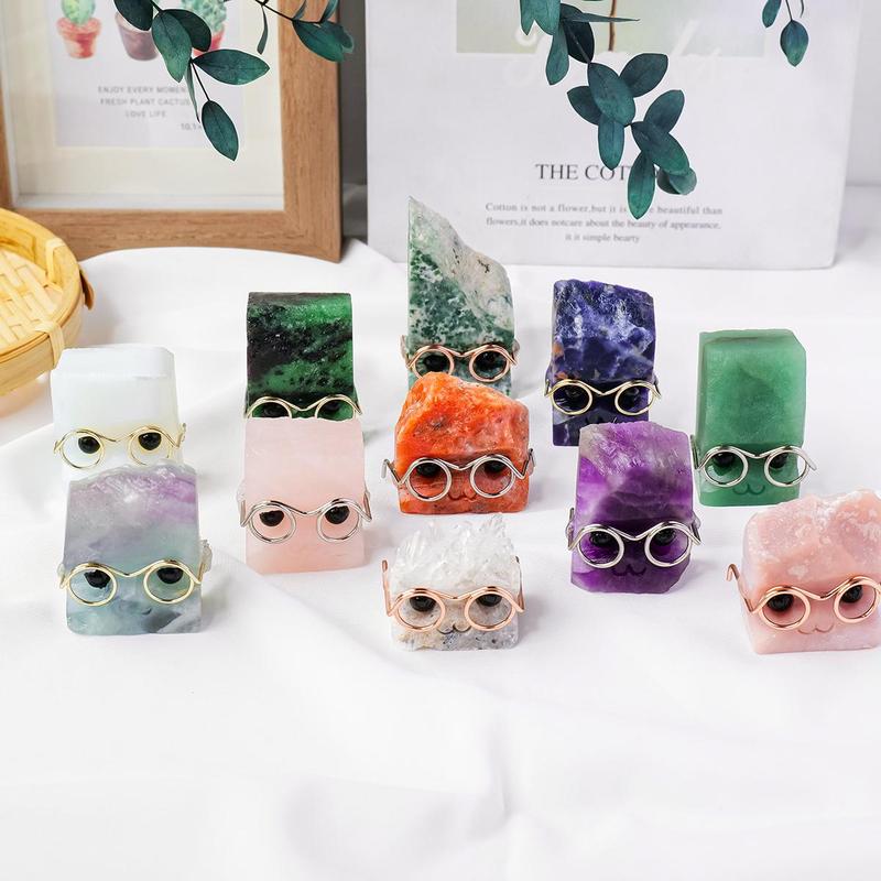 Random Color Natural Crystal Gemstone Pet Figurines with Glasses, 1/3/5 Counts DIY Handmade Crystal Carving Fengshui Sculptures, Pet Memorial Ornaments, Home Garden Decor Natural Crystal Set