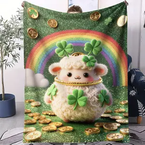 Lucky Shamrock Lambs Flannel Blanket, St. Patrick's Day Style Printed Fleece Blanket, Preferred Living Room Ambiance Decoration, Warm and Soft, Easy to Care for Storage