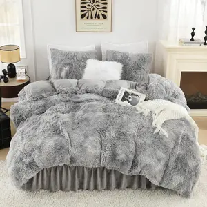 Tie-Dyed Grey White Comforter Queen Size, Luxury Plush Faux Fur Bedding, Soft Velvet Fuzzy Bed Set 3 Pieces(1 Shaggy Comforter, 2 Pillowcases)