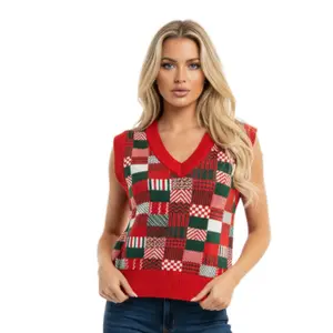 Christmas Best Patchwork Vest for Women Red Green Plaid V Neck Sleeveless Sweater Top