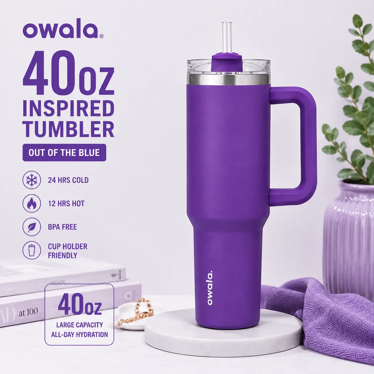 Owala Royal Purple 40oz Tumbler with Handle & Straw, Insulated Stainless Steel Travel Cup, Large Capacity, Gift For Her, Gift For Him