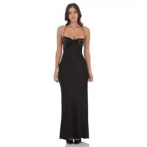 Sequin Bust Satin Maxi Dress in Black