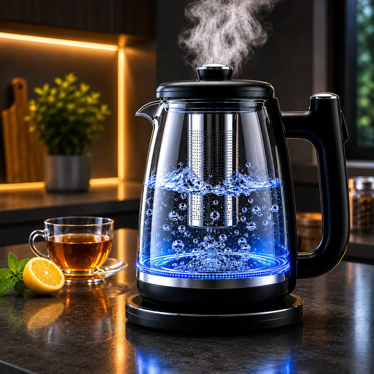 1.8L Stainless Steel Copper-Infused Electric Kettle with US Plug - Durable, Fast Boil, Auto Shut-Off, Boil-Dry Protection, 360° Swivel Base, Glass Window, Plastic Handle, ABS Components - 1.8L Kitchen Appliance for Family Gatherings’ Tea, Coffee Needs, 1.