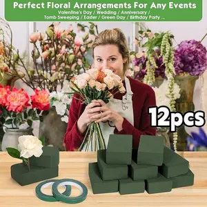 12pcs Large Floral Foam Blocks, High Density Foam Bricks, 5.4In L X 3.1In W X 1.65In H Each, for Wedding, Birthday, Home, Office And Garden Decoration Handicrafts And Floraln. with 2 Rolls Waterproof Floral Tape - 12mm x 65.62ft