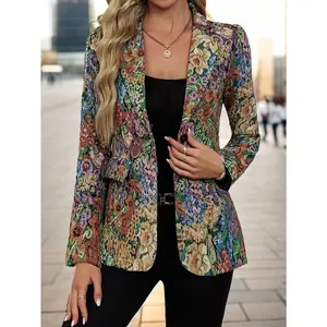 Women’s Printed Blazer – Loose mid-length single-breasted design, suitable for casual to office wear; long sleeves; elegant fabric.