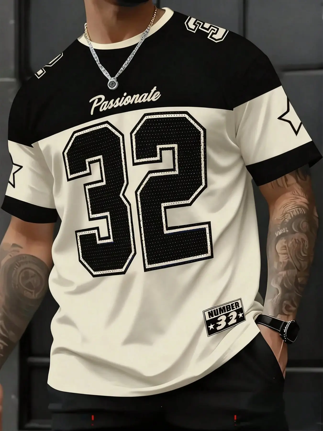 Men's Oversized Vintage Football Stylish Jersey Graphic T-Shirt, Retro 90s Y2K Streetwear Color Block Number 32 Print Drop Shoulder Breathable Tee, Loose Fit Quick Dry Summer Casual Top for Street Style OOTD Hip Hop Skatewear