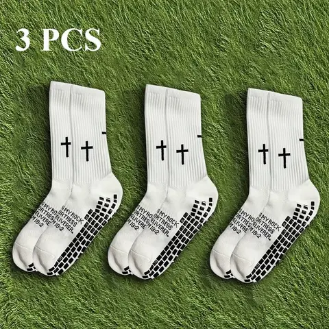 3 Pairs of Unisex Non-Slip Soccer Men's Socks - Mid-Calf, Non-Slip, Sweat-Wicking, Durable, Terry Cloth Sole, Suitable for Soccer, Cycling, Rock Climbing, and Running. Sizes 8-12. Breathable,  Multi-Functional Running Socks with Cross Pattern Football Cro