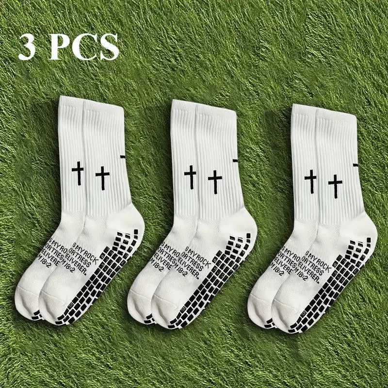 3 Pairs of Unisex Non-Slip Soccer Men's Socks - Mid-Calf, Non-Slip, Sweat-Wicking, Durable, Terry Cloth Sole, Suitable for Soccer, Cycling, Rock Climbing, and Running. Sizes 8-12. Breathable,  Multi-Functional Running Socks with Cross Pattern Football