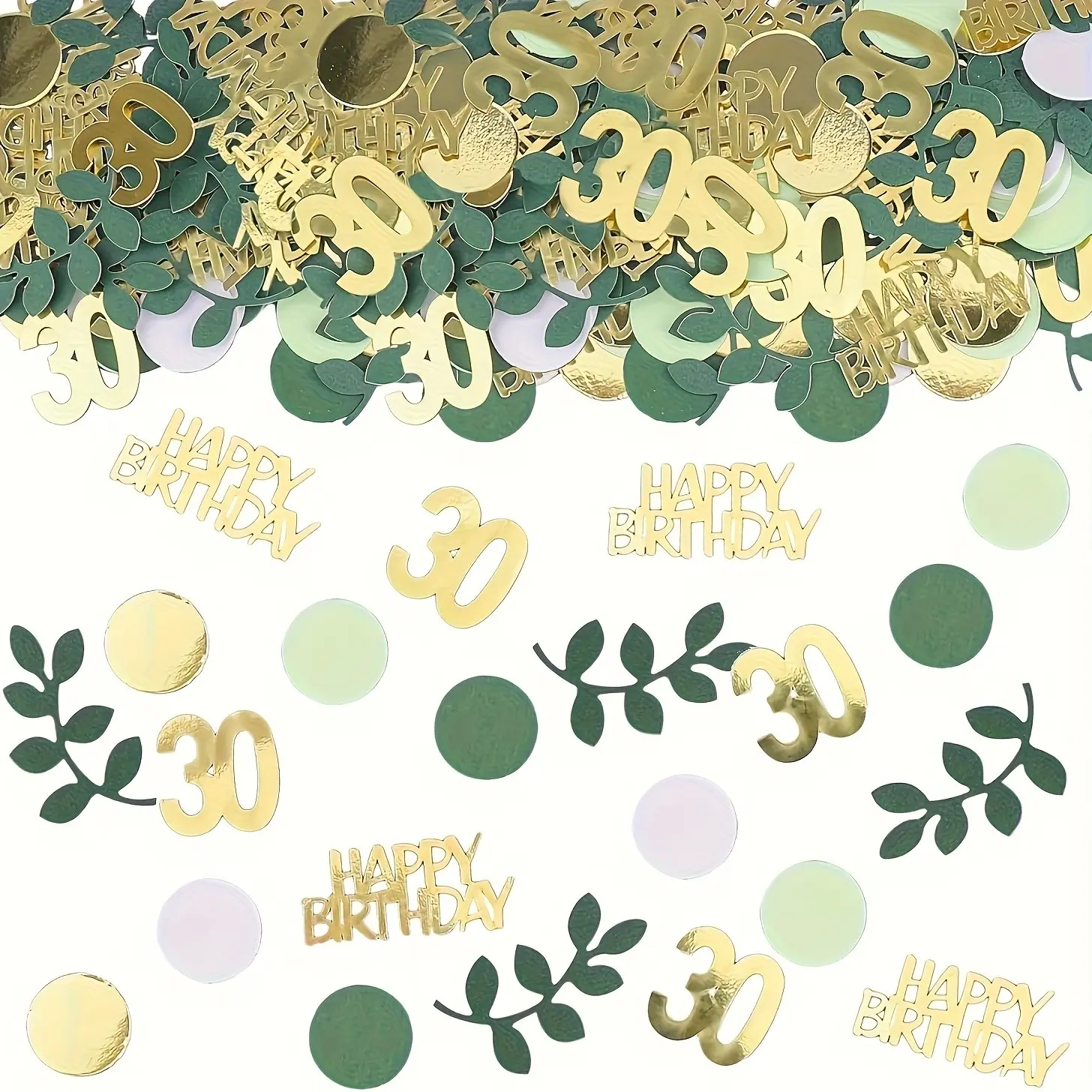 100pcs Gold Sage Leaf Happy Birthday Confetti, Multicolor Paper Shreds for Decorating 30th 40th 50th 60th 70th 80th Birthday Party Decorations, Festival Party Supplies