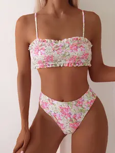 Women's Floral Bikini Set Elegant Bandeau Top & High-Waisted Bottoms Bohemian Style Flower Print Bikini Swimwear for Beach Vacation Pool Party