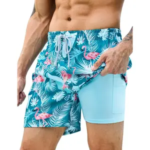 Mens Swim Trunks with Compression Liner Bathing Suits 2 Pack Quick Dry Stretch Beach Shorts 7 inch Inseam Swimwear