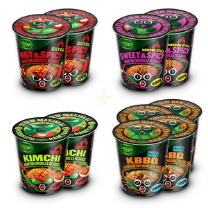 bibigo Korean-Style Ramyun Noodle Cup Variety Pack | Sweet & Savory KBBQ, Sweet and Spicy, Spicy Kimchi, and Extra Hot & Spicy