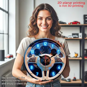 2D flat design. Set of 1. Blue-toned steering wheel-style wall clock with a silent mechanism. Creative wooden wall clock, perfect for decorating bedrooms, living rooms, offices, bathrooms, and dining rooms. Ideal as a birthday or holiday gift.