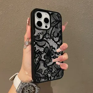 Adorable Magnetic Case for iPhone11/12/13/14/15/16/17/promax Black Lace Pattern MagSafe Compatible, Lightweight, Anti-Fall | Girly & Chic Style