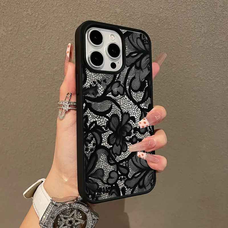Adorable Magnetic Case for Samsung Galaxy iPhone11/12/13/14/15/16/17/promax Black Lace Pattern MagSafe Compatible, Lightweight, Anti-Fall |   Girly & Chic Style