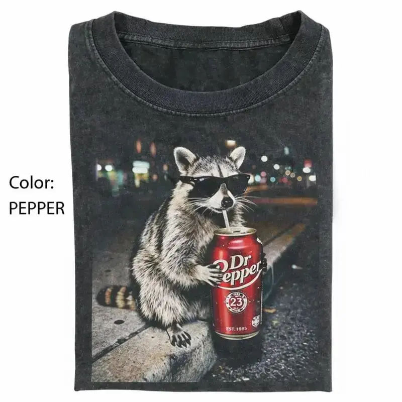 Vintage Raccoons Dr Pepperr Wash T-Shirt with funny Gen Z dank meme design, trendy animal graphic tee, cotton streetwear gift for men and women alike.