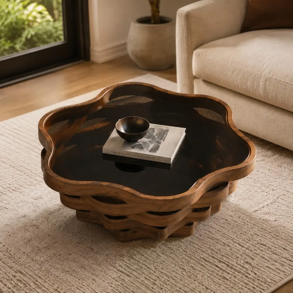 Littleox 35.83" Unique Irregular Cloud Shaped Coffee Table with Tempered Glass Top, Multi-Layer Wave MDF Base Modern Artistic Cocktail Table for Living Room & Apartment