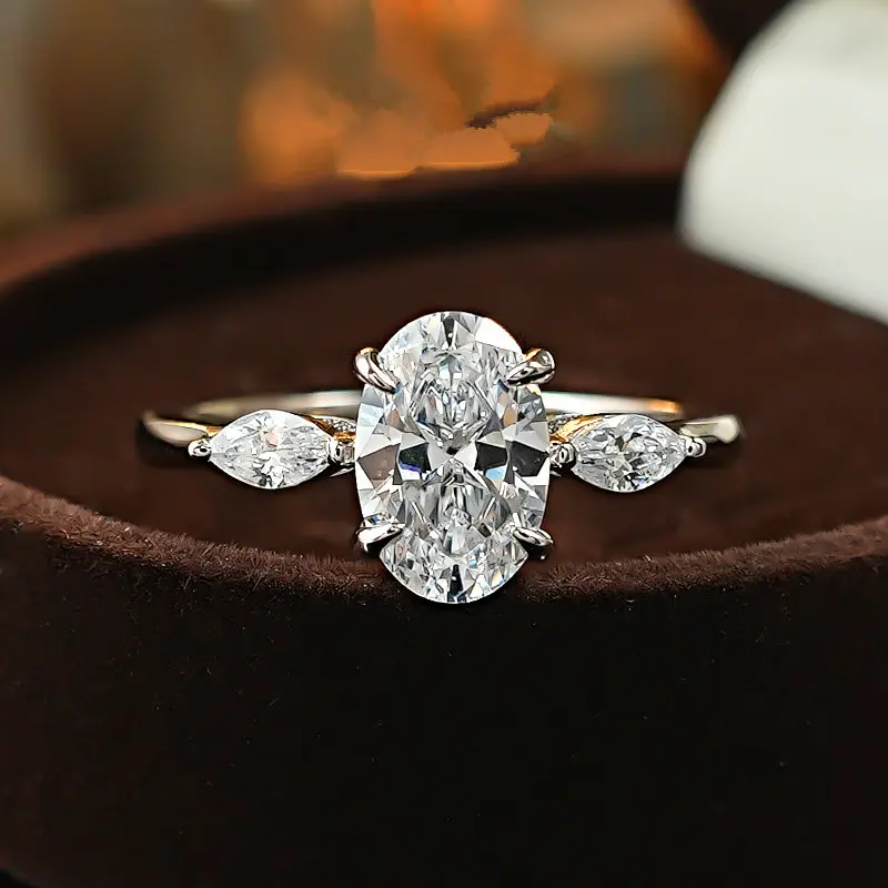 Female 925 Sterling Silver Oval Shape 3-Stone CZ Engagement Ring - Stylish High-Value Bridal Wedding Band Accessory