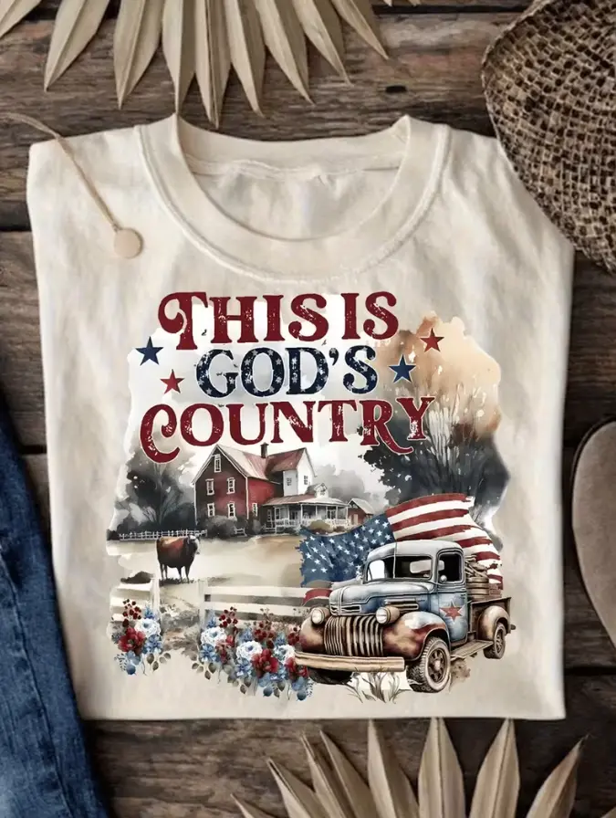 Men's Patriotic Casual Cotton T-Shirt, 100% 180G Short Sleeve Top - Bold Red-Blue God's Country Pattern with Stars, Rural Scenery, Farmhouse, Retro Truck, American Style Gift for Country Lovers, Turtle, Shortsleeve