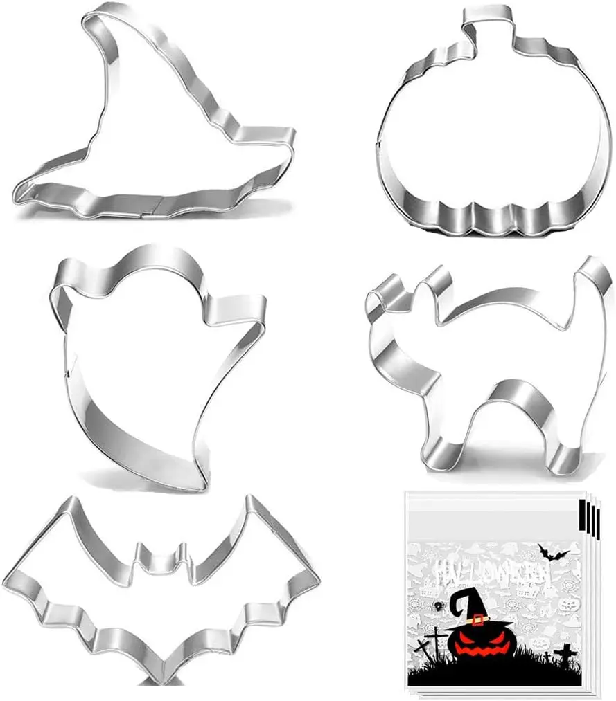 Halloween Cookie Cutters - 5 pieces Large Cookie Cutters Shape - Pumpkin, Bat, Ghost, Cat and Witch Hat Shapes for Halloween Food Party Decorations